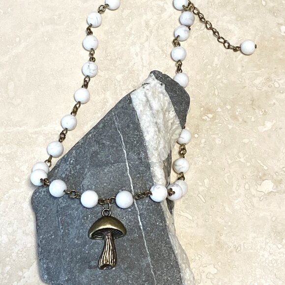 Natural White Magnesite Choker, Cute Bronze Slim Mushroom + Genuine Gemstone - Picture 6 of 14
